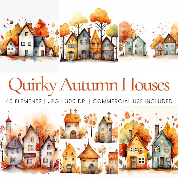 Quirky Autumn Houses Clipart - 40 High Quality JPG - Digital Planner, Junk Journaling, Watercolor, Commercial Use, Digital Download, Mugs