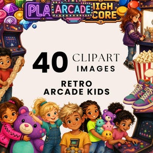 Puede incluir: Una colección digital de 40 imágenes prediseñadas de niños en una sala de juegos retro, mostrando niños jugando videojuegos, sosteniendo boletos y abrazando peluches. El diseño incluye letreros de neón, zapatillas y cubos de palomitas.
