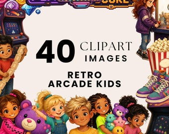 Retro Arcade Kids Clipart, Arcade Game PNG, 80s Kids Illustrations, Watercolor Joystick Bundle, Game Room Token Prize Art, Commercial Use