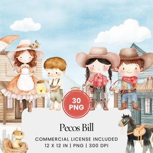 Pecos Bill Clipart - 30 PNG - Digitaler Planer, Junk Journaling, Wandkunst, kommerzielle Nutzung, Sublimation, Scrapbooking, Tassen, Karten, Szene