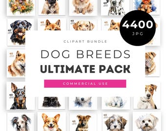 Ultimate Dog Breeds Clipart Bundle, 110 Watercolor Puppy Sets, Printable Pet Art for Kids, Dog Breed Illustrations, Dog Lover Graphics