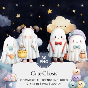 Puede incluir: Una ilustración digital caprichosa presenta cuatro adorables personajes fantasma con varios accesorios, sobre un fondo de cielo estrellado. Un fantasma tiene un chupete, otro lleva una cesta y dos llevan pajaritas. Incluye el texto "Cute Ghosts".