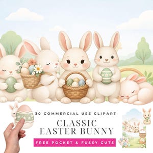 Puede incluir: Ilustración en acuarela de varios conejitos de Pascua blancos con orejas rosas. Algunos conejitos sostienen cestas con huevos y flores. La imagen incluye el texto "CLASSIC EASTER BUNNY" y "30 COMMERCIAL USE CLIPART".