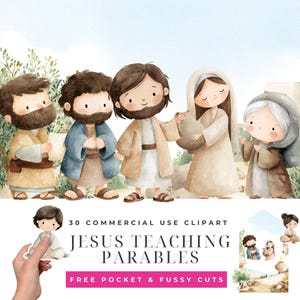 Puede incluir: Ilustración de acuarela con Jesús y otras figuras bíblicas. La imagen incluye cinco figuras con túnicas, con el texto "Jesus Teaching Parables" y "30 Commercial Use Clipart". La paleta de colores es suave, con tonos beige, marrón y azul.