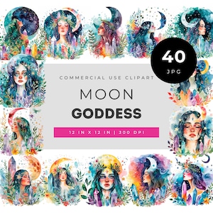 Moon goddess clipart set, mystical celestial woman art with crystals and moon phases, spiritual boho illustrations for planners, stickers