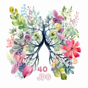 Clipart de poumons floraux - 40 fichiers JPG de haute qualité - Planificateur numérique, journal intime, aquarelle, art mural, utilisation commerciale, téléchargement numérique, tasses
