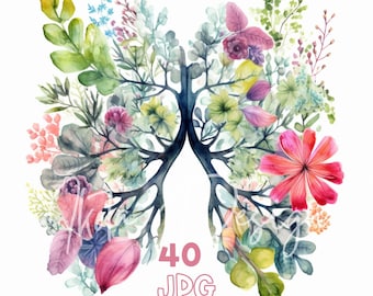 Floral Lungs Clipart - 40 High Quality JPGs - Digital Planner, Junk Journaling, Watercolor, Wall Art, Commercial Use, Digital Download, Mugs