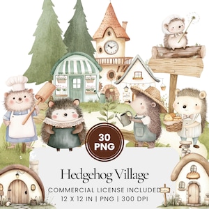 Hedgehog Village Clipart - 30 PNG - Digital Planner, Junk Journaling, Wall Art, Commercial Use, Sublimation, Scrapbooking, Scene Generator