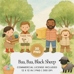 Baa Baa Schwarzes Schaf Aquarell Clipart, Kinderreim Schaf PNG Bundle, Kinderbuchkunst, Süße Bauernhof Tier Illustrationen, Storytime Dekor