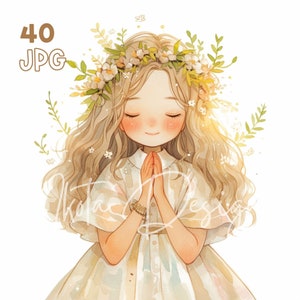 Clipart de fille de première communion, ensemble d'illustrations de prière à l'aquarelle, graphiques de cérémonie religieuse, personnages en robe blanche fleurie, téléchargement JPG