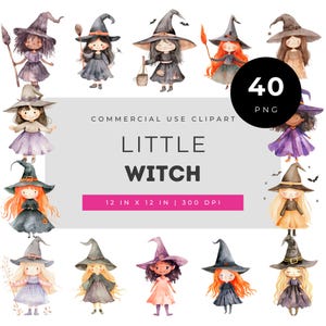 Könnte beinhalten: Eine Sammlung von Aquarellillustrationen mit 40 PNG-Dateien kleiner Hexen in verschiedenen Outfits und Posen, mit dem Text COMMERCIAL USE CLIPART LITTLE WITCH 12 IN X 12 IN 300 DPI und 40 PNG in einem schwarzen Kreis.