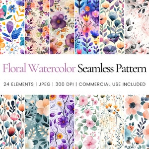 Op de afbeelding: Een set van 24 naadloze aquarelbloemmotieven. De patronen bevatten verschillende bloemen, bladeren en stengels in tinten roze, paars, blauw, groen en geel. De patronen zijn perfect voor het maken van digitale of gedrukte ontwerpen.