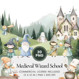 Clipart d'école de sorciers médiévaux - 30 PNG - Agenda numérique, journal intime, décoration murale, usage commercial, sublimation, scrapbooking, cartes, mugs