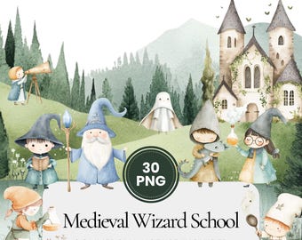 Medieval Wizard School Clipart, magical academy set, fantasy sorcerer kids, enchanted castle illustrations for crafts, teaching and decor