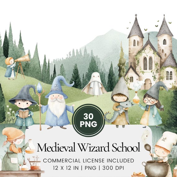 Medieval Wizard School Clipart, magical academy set, fantasy sorcerer kids, enchanted castle illustrations for crafts, teaching and decor