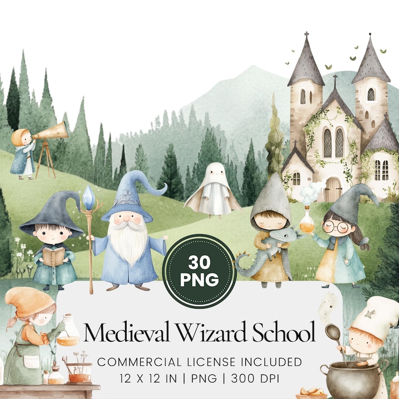 May include: A digital illustration set of 30 watercolor-style PNG images featuring a medieval wizard school theme. The set includes a wizard, a ghost, a dragon, and several children dressed as wizards. The images are 12 inches by 12 inches and 300 DPI.