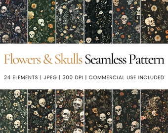 Flowers and Skulls Seamless Pattern, dark floral skull digital paper pack, gothic botanical patterns for crafts, scrapbook backgrounds