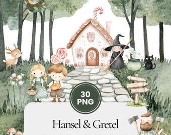 Hansel and Gretel clipart, watercolor fairy tale candy house and forest scene, classic storybook illustration PNG bundle for crafts & decor