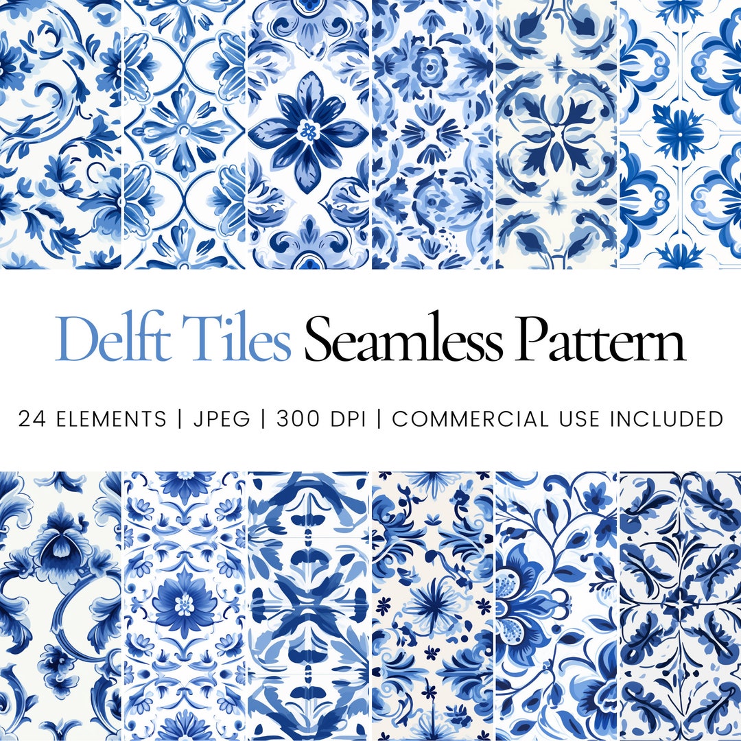 Delft Tiles Seamless Pattern for Blue and White Ceramic Design, Dutch ...