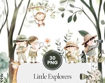 May include: A set of 30 digital illustrations featuring children exploring a jungle. The illustrations are in a watercolor style and include a monkey, a giraffe, a flower, and children wearing explorer hats. The text "Little Explorers" and "COMMERCIAL LICENSE INCLUDED" is included in the image.