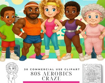 80s Aerobics Craze Clipart Bundle, Retro Fitness Watercolor Illustrations, Leotard Workout Art, VHS Nostalgia Designs, Mini Coloring Book