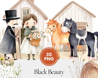 Black Beauty clipart, watercolor set with Victorian horses, carriage scenes, stable life, and classic storybook art for crafts & invitations
