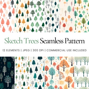 Puede incluir: Un conjunto de 12 patrones digitales sin costuras que presentan varios estilos de árboles dibujados en diferentes colores. Los patrones son perfectos para crear fondos, papel de regalo o diseños de telas. "Sketch Trees Seamless Pattern" está escrito en el centro de la imagen.