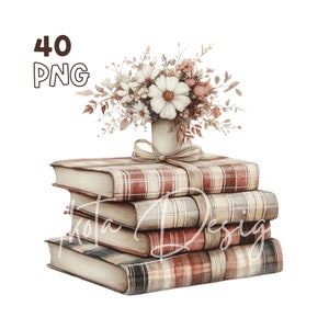 Plaid Book Stack Clipart - 40 High Quality PNGs - Digital Planner, Junk Journaling, Watercolor, Wall Art, Commercial Use, Digital Download