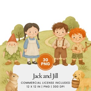 Clipart de comptines Jack et Jill, illustrations de poèmes de contes à l'aquarelle PNG, art imprimable pour tout-petits, graphiques de comptines classiques pour enfants