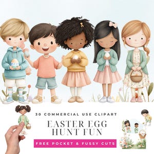Puede incluir: Ilustración en acuarela de cinco niños sosteniendo huevos de Pascua. Los niños visten ropa de colores pastel. La imagen incluye el texto "Easter Egg Hunt Fun" y "30 Commercial Use Clipart."