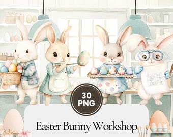 May include: A digital clipart set of 30 Easter bunny illustrations. The bunnies are dressed in various outfits and are holding paintbrushes, eggs, and other Easter-themed items. The text "Easter Bunny Workshop" and "Commercial License Included" is displayed on the image.