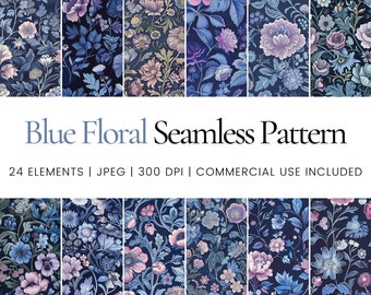 Blue Floral Seamless Pattern, dark blue flower digital paper pack, vintage botanical patterns for scrapbooking, elegant floral backgrounds