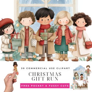 Puede incluir: Ilustración en acuarela de cinco niños vestidos con ropa de invierno, cada uno sosteniendo regalos o vegetación. La imagen incluye el texto "Christmas Gift Run" y "30 Commercial Use Clipart."