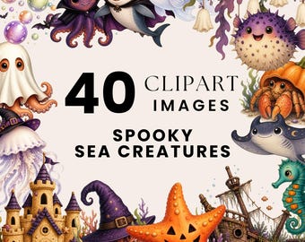 Spooky Sea Creatures Clipart, Halloween Ocean PNG, Ghost Fish Illustrations, Watercolor Under the Sea Bundle, Witch Octopus Crab Art