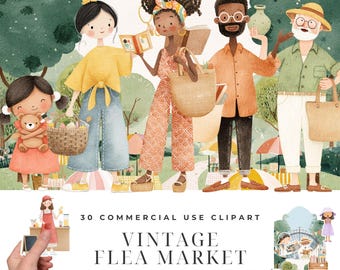 Vintage Flea Market Clipart Bundle, Watercolor Antique Hunter Illustrations, Market Stall Treasure PNG, Sunday Market Characters Designs