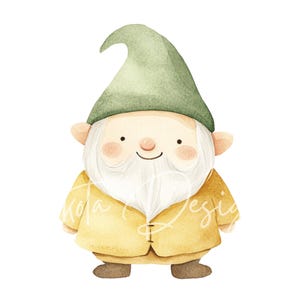 May include: A watercolor illustration of a smiling gnome with a green hat, white beard, and yellow jacket.