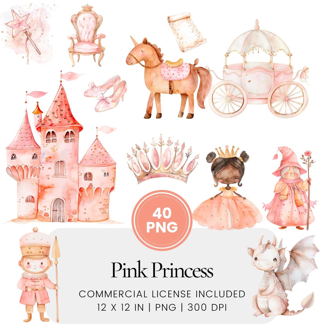 Pink Princess PNG Clipart Set, Fairytale Castle Carriage Graphics, Cute ...