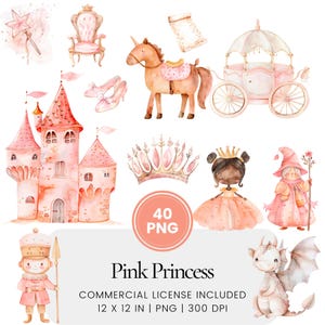Pink Princess Pack Clipart - 40 hochwertige PNGs - Digitaler Planer, Junk Journaling, Aquarell, Wandkunst, kommerzielle Nutzung, Tassen, Kinderparty