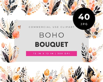 Boho bouquet floral clipart bundle, modern boho flower set, aesthetic botanical bouquet illustrations for crafts and invitations