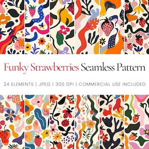 Puede incluir: Un patrón sin costuras con fresas funky, flores y formas abstractas en una vibrante paleta de colores rojo, naranja, amarillo, verde, azul y rosa. El patrón es perfecto para crear diseños únicos y llamativos para telas, papeles pintados y otros proyectos creativos.