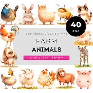 Farm Animal Clipart PNG Bundle, Cute Barnyard Animals Watercolor Set, Kids Birthday Party Graphics, Nursery Classroom Decor