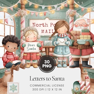 Può includere: Illustrazione ad acquerello con bambini e Babbo Natale in una scena invernale. Un bambino scrive una lettera, un altro tiene un cartello con scritto "Dear Santa", e un terzo tiene una busta. Babbo Natale porta dei regali. L'immagine include il testo "Letters to Santa".