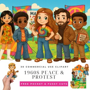 Puede incluir: Ilustración digital con seis personajes de dibujos animados vestidos con ropa de los años 60. La imagen incluye el texto "1960s Peace & Protest" y "Civil Rights Now!". Las figuras están ambientadas con símbolos de paz y tiendas de campaña.