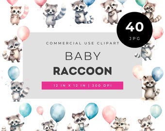 Pacote de Clipart de Guaxinim Bebê, Conjunto de PNGs de Animais Fofos da Floresta, Decoração de Quarto de Bebê em Aquarela, Arte para Convite de Chá de Bebê (Uso Comercial)