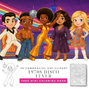 May include: Digital illustration of five cartoon characters in 1970s disco attire. The characters are in various poses, with a disco ball in the background. The image includes the text "1970s Disco Fever" and "Free Mini Coloring Book".