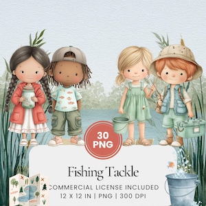 Fishing Tackle Watercolor Clipart Bundle, Pastel Fishing Gear PNG Set, Cute Kids Fishing Illustrations, Transparent Background Art