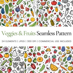 Puede incluir: Cuatro patrones sin costuras que presentan ilustraciones dibujadas a mano de varios frutos y verduras coloridos. Los patrones están sobre un fondo blanco e incluyen elementos como fresas, manzanas, zanahorias, limones y sandías.