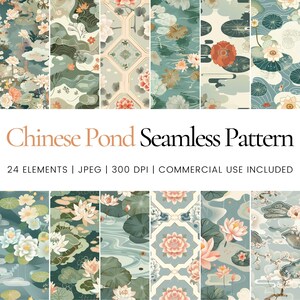 Chinese Pond Flowers Seamless Repeat Pattern, Digital Papers, Background, Tumbler Wrap, Printable, Commercial Use, Mugs, Decor, Sublimation