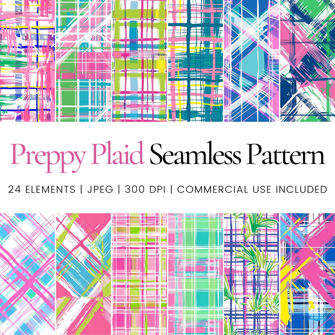 Preppy Plaid Seamless Pattern Set for Scrapbooking and Crafts, Bright ...
