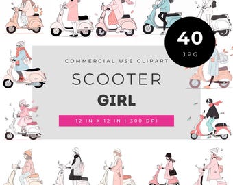 Watercolor scooter girl clipart set, trendy girl on vespa illustrations for planners and crafts, cute riding scooter aesthetic JPG bundle